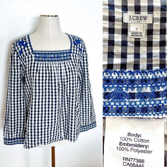 Crew Navy White Gingham Plaid Blue Floral Embroidered Peasant Top Blouse S - Picture 3 of 4